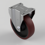 Industrial caster wheel with a red polyurethane wheel mounted on a silver metal swivel plate with four mounting holes and a bolt on the yoke