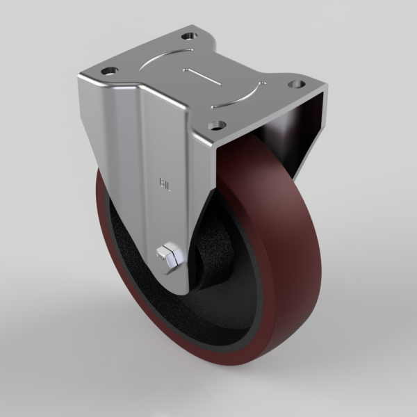 Industrial caster wheel with a red polyurethane wheel mounted on a silver metal swivel plate with four mounting holes and a bolt on the yoke