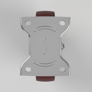 Top-down view of a metal skateboard truck with red wheels, showing the baseplate and mounting holes.