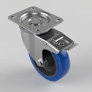 Blue Elastic Rubber 65ShoreA Plate Swivel Castor Brake 150mm 300kg Load