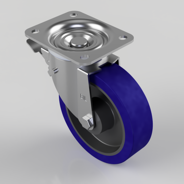 Swivel caster wheel with a blue polyurethane tire and a metal mounting plate for carts or furniture.