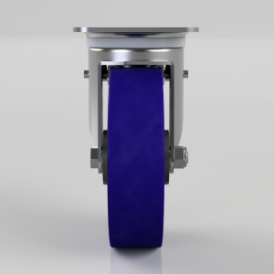 Front view of a blue caster wheel with a silver metal frame and mounting bolts