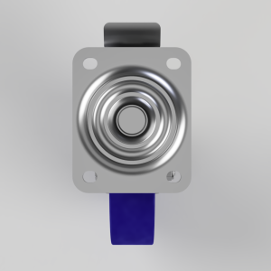 Industrial push-button switch mounted on a gray rounded plate with a circular metal actuator and a blue stem/base.