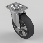 Swivel caster wheel with a square metal mounting plate and black rubber tire, shown at an angled view.