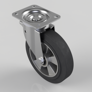 Swivel caster wheel with a square metal mounting plate and black rubber tire, shown at an angled view.