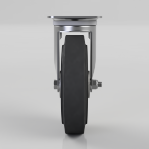 Side view of a silver metal caster wheel with a black wheel, showing the mounting plate and bolts at the sides.