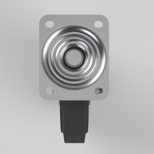 Square metal mounting plate with a central spiral spring and a black caster wheel beneath.