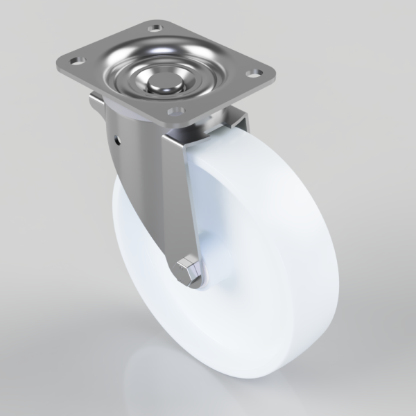 Swivel caster wheel with a four-hole metal mounting plate and white wheel, used to attach furniture or equipment.