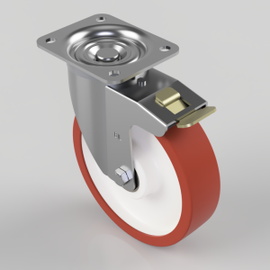 Caster wheel with red polyurethane tire and metal mounting plate, featuring a side-mounted brake lever and axle bolt (industrial caster)