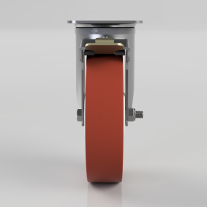 Front view of a heavy-duty caster wheel with a red polyurethane tire and metal mounting hardware at the top and sides.