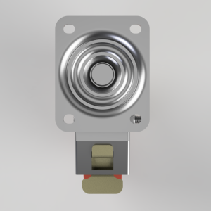 Industrial push-button switch with a round, concentric chrome button on a gray square mounting plate and a tan actuator below.