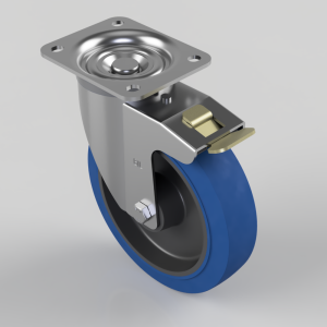 Swivel caster wheel with blue wheel, metal bracket, and brake lever; mounting plate with four screw holes on top