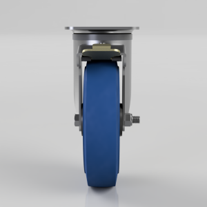 Front view of a blue caster wheel with metal housing and mounting bolt in a neutral gray setting.