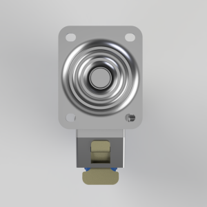 Square mounting plate with a round, concentric-piston style push-button, metal finish, and four mounting holes; visible screw on the plate and blue terminal contacts at the bottom.