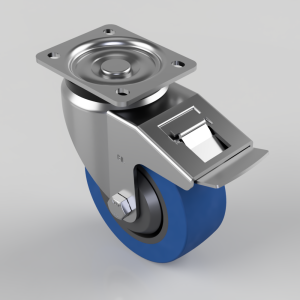 Blue Elastic Rubber 65ShoreA Plate Swivel Castor Brake 125mm 275kg Load