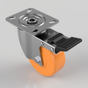 Wheel caster with orange polyurethane wheel and metal mounting plate, including a brake lever for locking movement