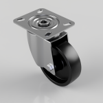 Swivel caster wheel with a metal mounting plate and black polyurethane wheel, seen at an angle.