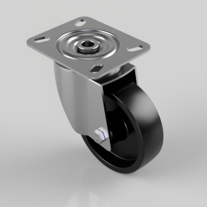 Swivel caster wheel with a metal mounting plate and black polyurethane wheel, seen at an angle.