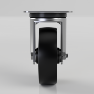 Industrial caster wheel with metal bracket and black rubber wheel, viewed from the front/centered.