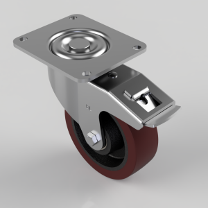 Swivel caster wheel with a metal mounting plate and a built-in brake lever for locking the wheel in place on a metal-framed cart or dolly.