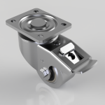 Swivel caster wheel with brake lever and four-hole mounting plate for furniture or equipment.
