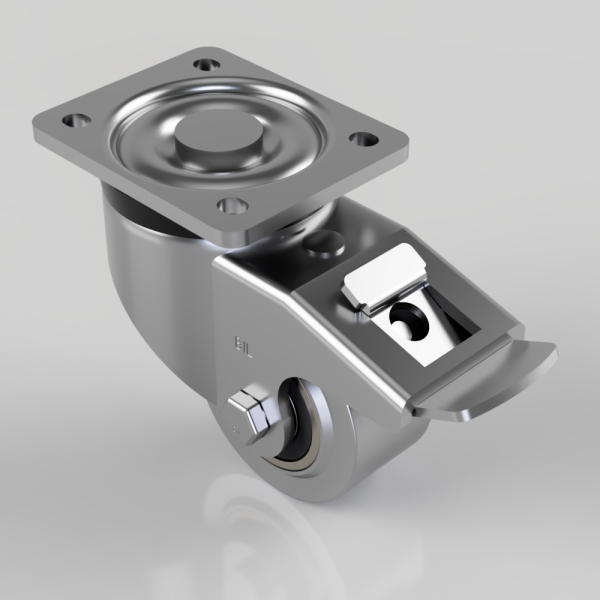 Swivel caster wheel with brake lever and four-hole mounting plate for furniture or equipment.