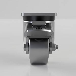 Front view of a metal swivel caster wheel with a built-in brake and threaded stem for furniture or carts