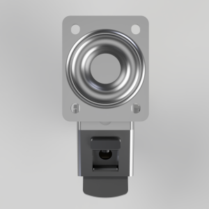 Panel-mounted metal push-button switch with a circular recessed button on a gray mounting plate.