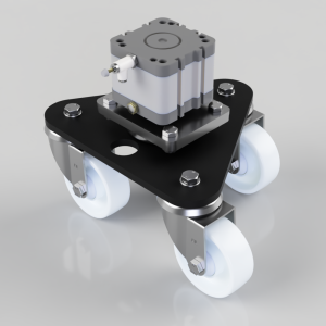 Motorized mobile base with four caster wheels and a compact actuator mounted on a triangular black plate.