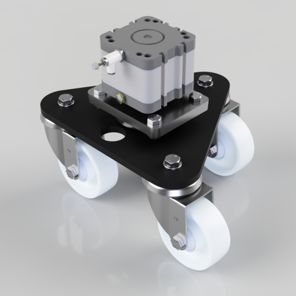 Motorized mobile base with four caster wheels and a compact actuator mounted on a triangular black plate.