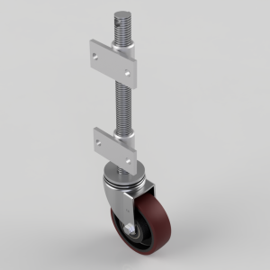 Single swivel caster with a tall threaded adjustment screw and metal mounting brackets for height adjustment and mobility.