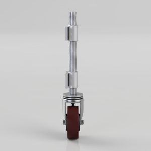 Metal furniture leg with a brown wheel at the base and a long threaded screw rod for height adjustment (leveling caster).