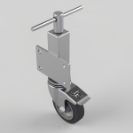 Industrial caster wheel with a rectangular mounting plate (four holes) and a top steering stem, shown in metal finish, at an angled view.