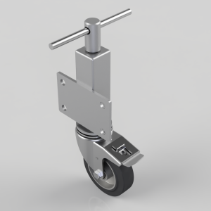 Industrial caster wheel with a rectangular mounting plate (four holes) and a top steering stem, shown in metal finish, at an angled view.