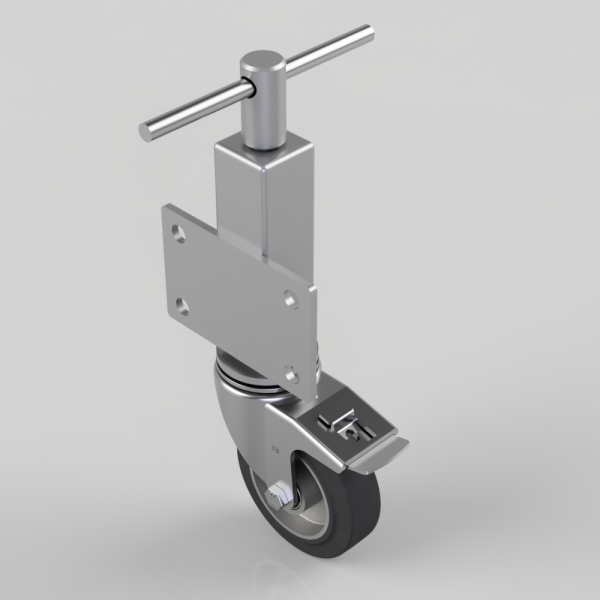 Industrial caster wheel with a rectangular mounting plate (four holes) and a top steering stem, shown in metal finish, at an angled view.