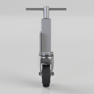 Front view of a futuristic single-wheel scooter with a T-bar handle and polished metal frame, standing upright.