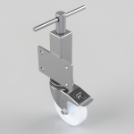 Swivel caster wheel with a braking lever, mounted on a metal plate for furniture or equipment.
