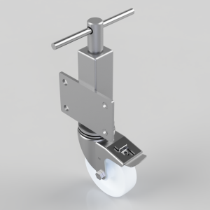 Swivel caster wheel with a braking lever, mounted on a metal plate for furniture or equipment.