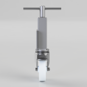Front view of a metallic vertical mechanism with a T-bar handle on top and a single white caster wheel at the base.