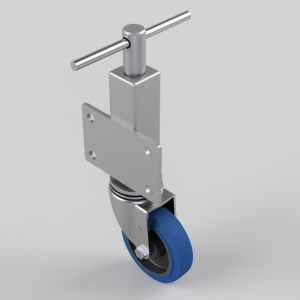 Caster wheel assembly with blue wheel and rectangular mounting plate for attaching to equipment; features a vertical stem and T-bar handle for adjustment or locking.