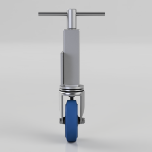 Front view of a vertical metal stand with a T-bar top and a blue caster wheel at the base, resembling a wheel assembly.