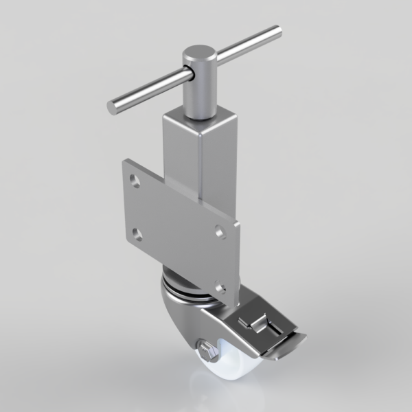 Swivel caster wheel with a brake lever and rectangular mounting plate
