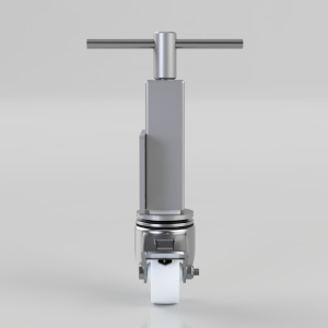 Industrial caster wheel with vertical metal stem and T-shaped handle, shown from the front (lift/mill-style component).