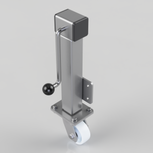 Industrial caster wheel assembly with vertical mounting post, brake lever on the side, and a base plate with bolts.