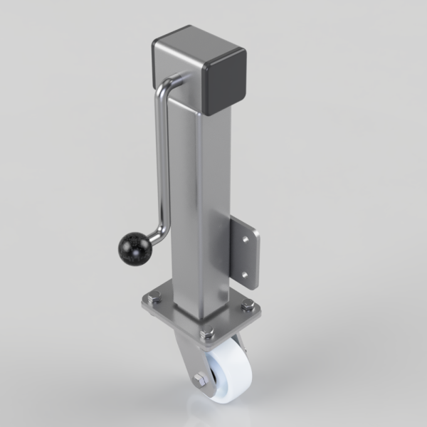 Industrial caster wheel assembly with vertical mounting post, brake lever on the side, and a base plate with bolts.
