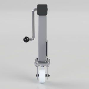 Vertical metal lifting device with a black top, curved side handle, and a single white wheel at the base on a small square plate.