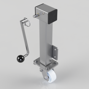 Industrial metal trolley post with a swiveling caster wheel at the base, a side mounting plate, and a manual hand-crank lever for moving equipment
