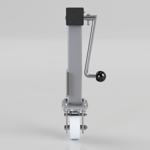 Manual hand-crank winch mounted on a vertical column with a white caster wheel at the base