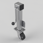 Metal trailer jack with a swivel caster wheel and hand-crank, mounted on a base plate.