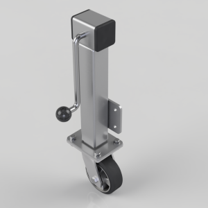 Metal trailer jack with a swivel caster wheel and hand-crank, mounted on a base plate.